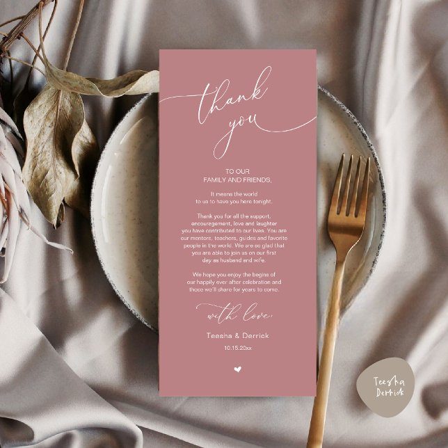 Romantic Wedding Place Setting Thank You Card (Modern Romantic Wedding Dinner Place Setting Thank You Card, Plate Decor, in Dusty Rose Pink)