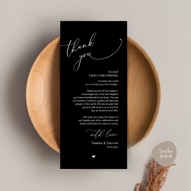 Romantic Wedding Place Setting Thank You Card (Modern Romantic Wedding Dinner Place Setting Thank You Card, Plate Decor, in Classy Black)
