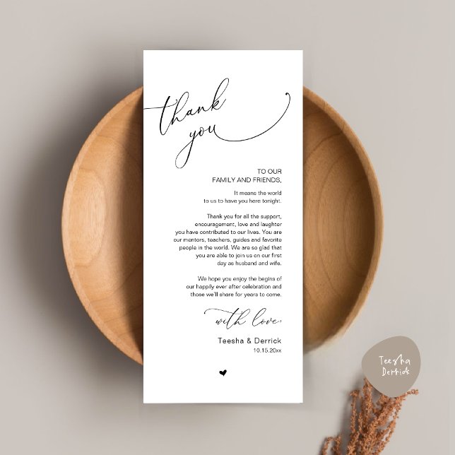Romantic Wedding Place Setting Thank You Card (Romantic Modern Wedding Dinner Place Setting Thank You Card, in Minimalist Black and White)