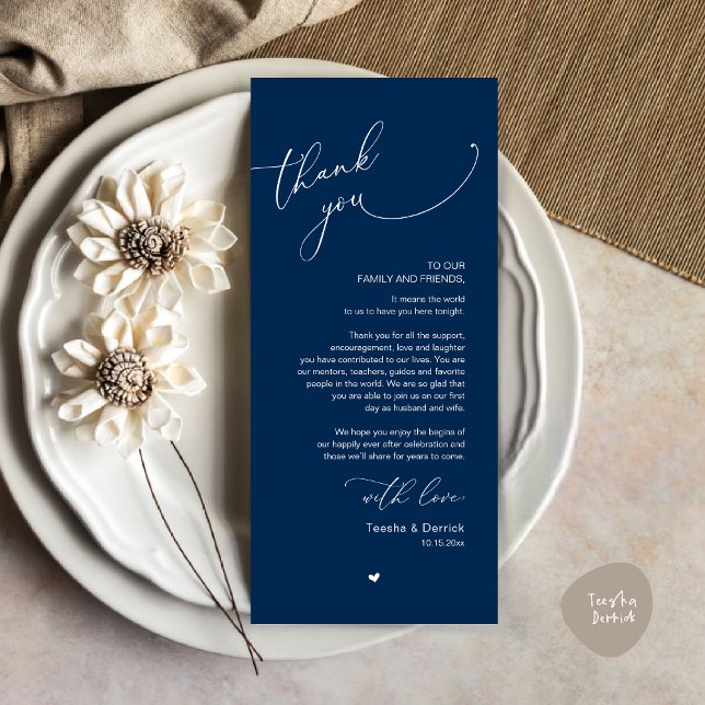 Romantic Wedding Place Setting Thank You Card (Romantic Modern Wedding Dinner Place Setting Thank You Card, in Classy Navy Blue)