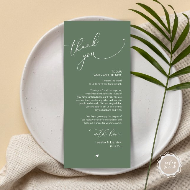 Romantic Wedding Place Setting Thank You Card (Romantic Modern Wedding Dinner Place Setting Thank You Card, in Greenery Forest Sage Green)