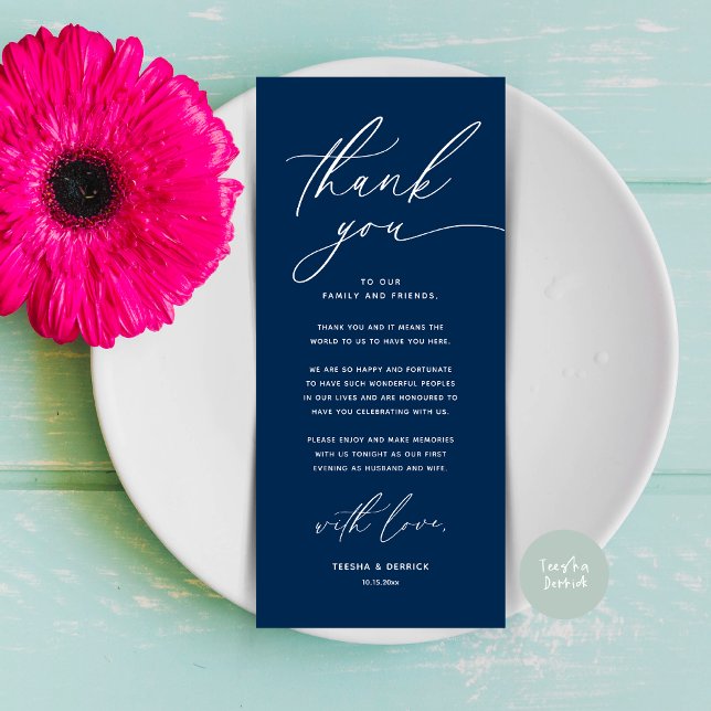 Romantic Wedding Place Setting Thank You Card (Romantic Wedding Place Setting Modern Dinner Brunch Lunch Party Thank You Card in Navy Blue)