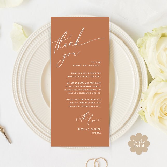 Romantic Wedding Place Setting Thank You Card (Romantic Wedding Dinner Place Setting Thank You Card Lunch Brunch in Copper Terracotta Brown Earthy)