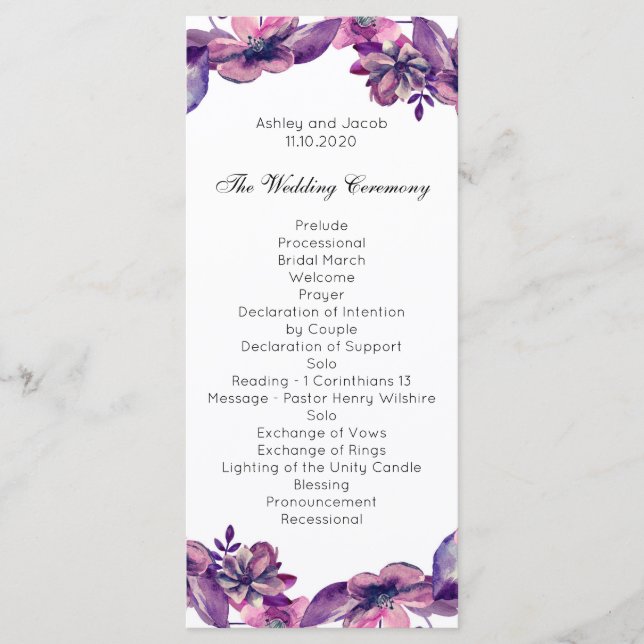 Romantic wedding program. Purple floral ceremony Program (Front)