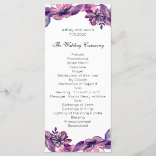 Romantic wedding program. Purple floral ceremony Program