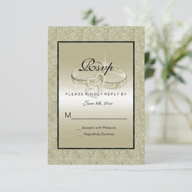 Romantic Wedding Rings, Gold Glitter Wedding RSVP Card (Standing Front)