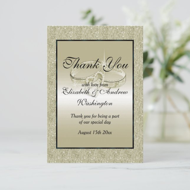 Romantic Wedding Rings, Gold Glitter Wedding Thank You Card (Standing Front)