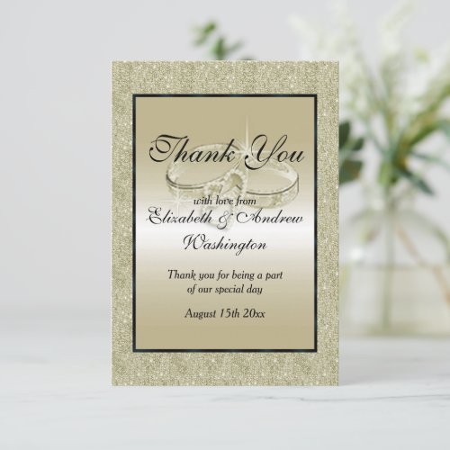 Romantic Wedding Rings Gold Glitter Wedding Thank You Card