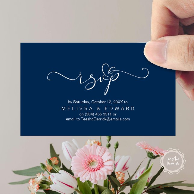 Romantic Wedding RSVP Dinner Invitation Card (Romantic Wedding RSVP Dinner Invitation Card, Modern Online Phone, Email, Website, Reminder, Navy )