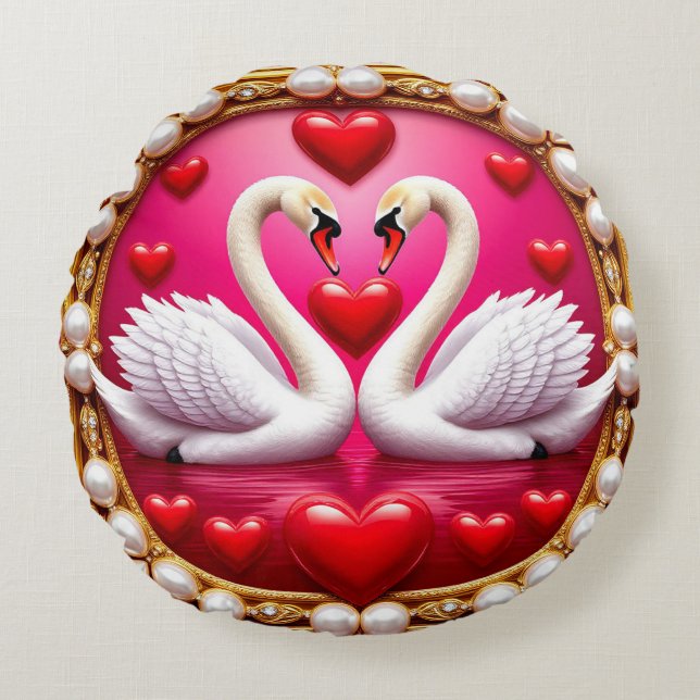 Romantic Wedding Swans Framed by Ornat Round Pillow (Front)