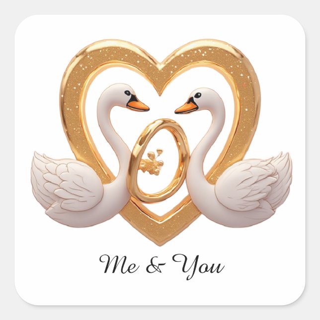 Romantic Wedding Swans With Gold Rings Square Sticker (Front)
