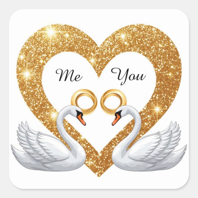 Romantic Wedding Swans With Gold Rings Square Sticker (Front)