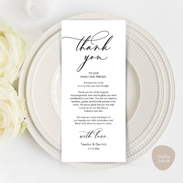 Romantic Wedding Thank You Place Setting Card (Romantic Wedding Dinner Thank You Place Setting Card, in Black and White )