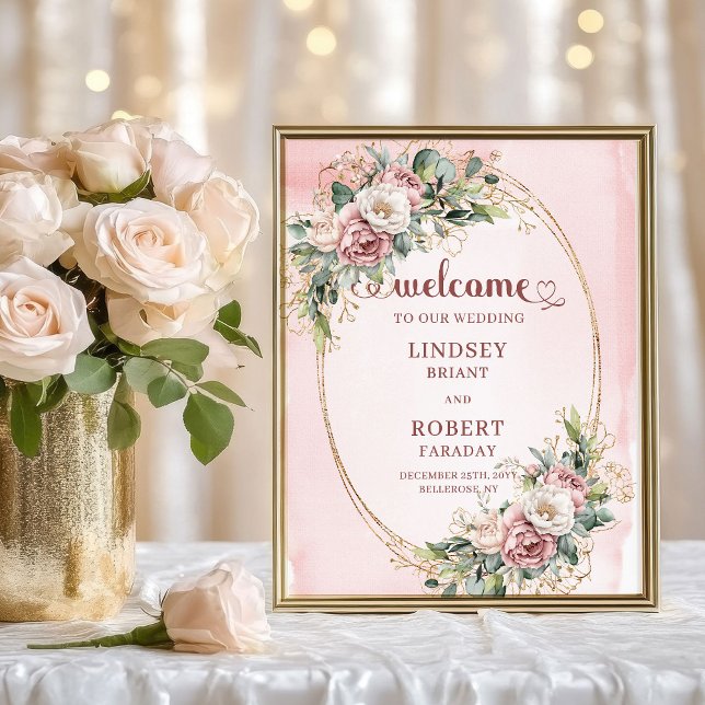 Romantic Wedding Welcome Blush Floral Greenery Poster (Romantic Wedding Welcome Blush Floral Greenery)