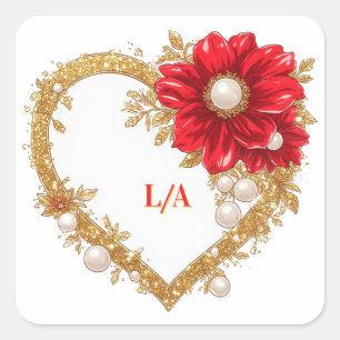 ✨ Romantic Wedding With Red Flower Heart Frame✨ Square Sticker