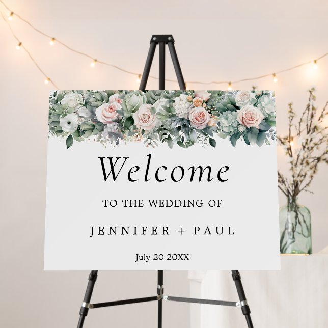 Romantic Welcome Sign with Roses and Eucalyptus  (In Situ (Stand))