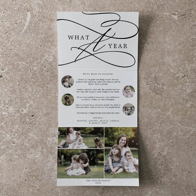 Romantic What A Year Christmas Multi Photo Tri-Fold Holiday Card (Creator Uploaded)