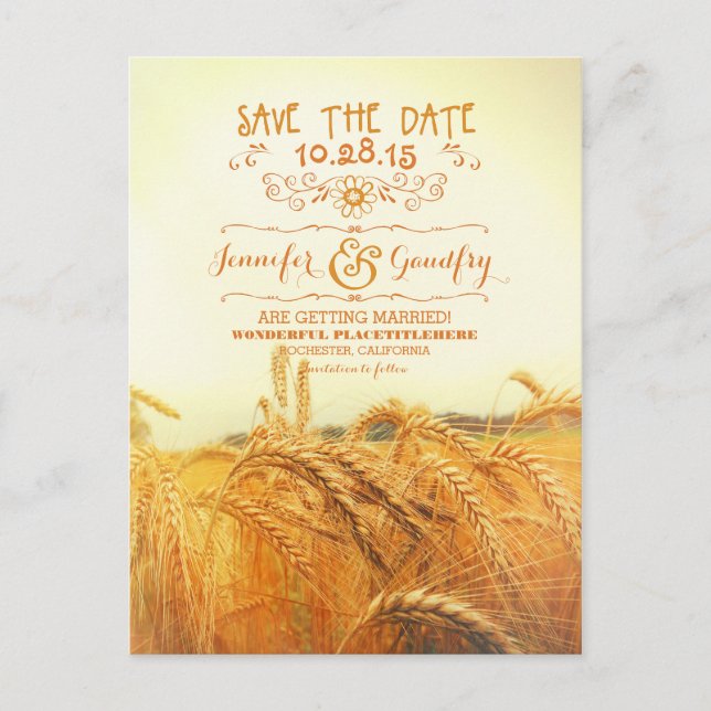 romantic wheat field save the date postcards (Front)