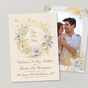 romantic whimsical botanical wreath wedding photo save the date