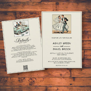 Romantic Whimsical Bride Groom 50s Comic Wedding Invitation