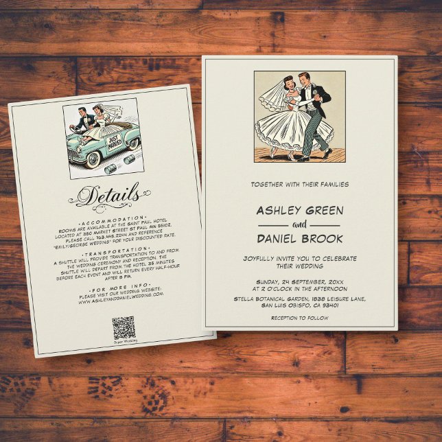Romantic Whimsical Bride Groom 50s Comic Wedding Invitation (Creator Uploaded)