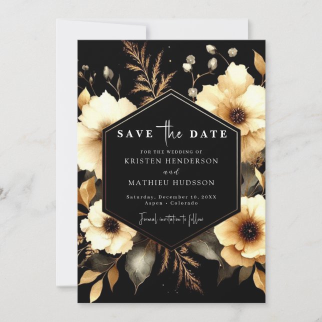 Romantic Whimsical Gold and Black Wedding Save The Date (Front)