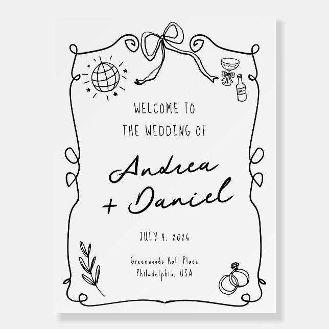 Romantic Whimsical Hand drawn Black White Wedding Foam Board (Front)