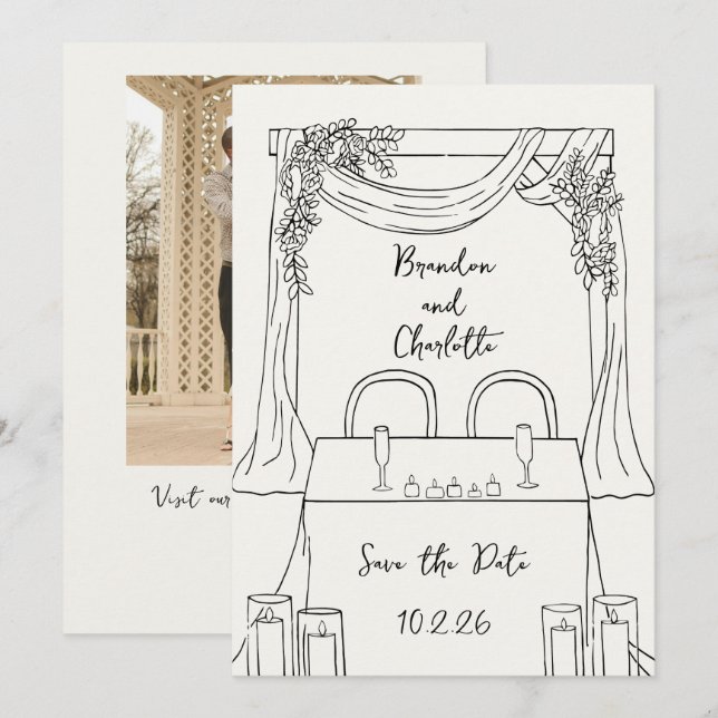 Romantic Whimsical Hand Drawn Save the Date Invitation (Front/Back)