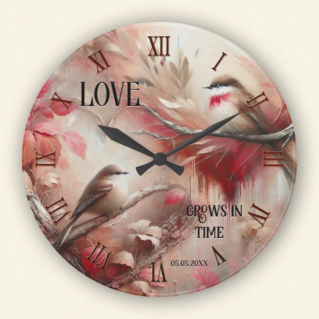 Romantic Whimsical Love Birds  Round Clock (Wall clock featuring a whimsical painting of two cute birds - with classic elegant Roman numerals)