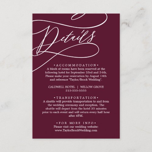 Romantic White and Burgundy Calligraphy Details Enclosure Card