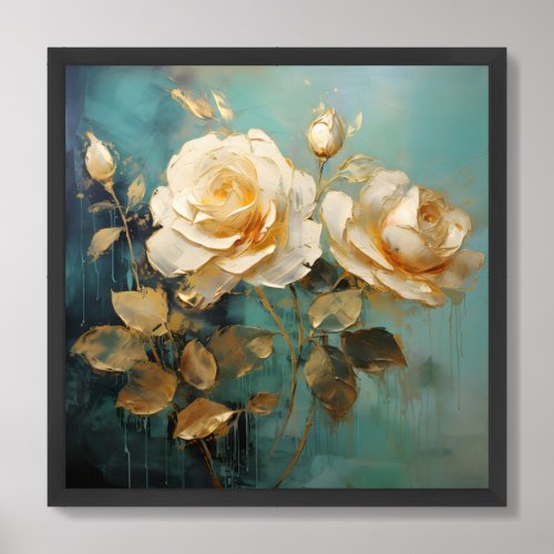 Romantic white and gold English roses turquoise Framed Art