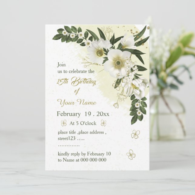 romantic white and gold flowers birthday invitation (Standing Front)