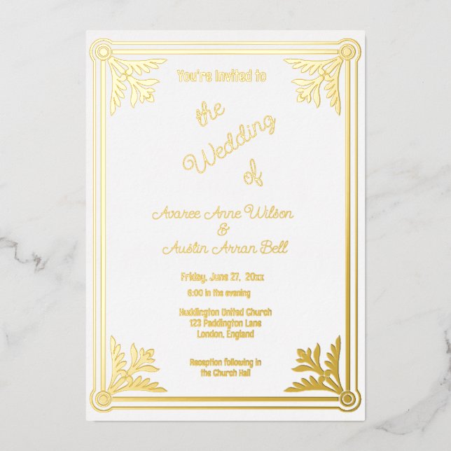 Romantic White and Gold Foil Frame  Foil Invitation (Front)