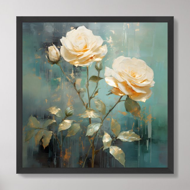 Romantic white and gold French roses turquoise Framed Art (Framed Front)