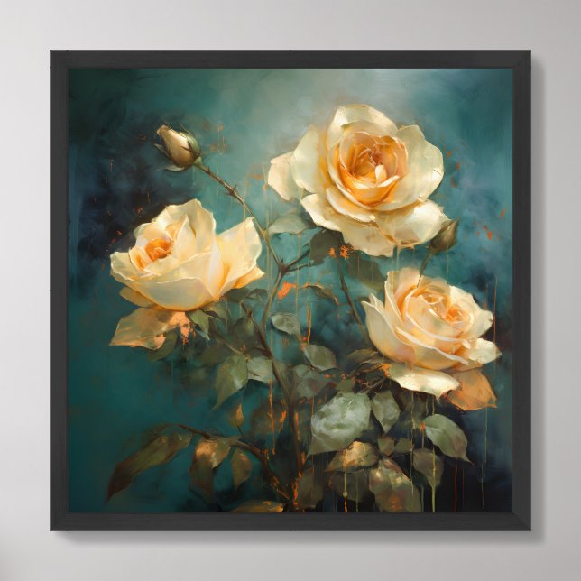 Romantic white and peach French roses turquoise Framed Art (Framed Front)