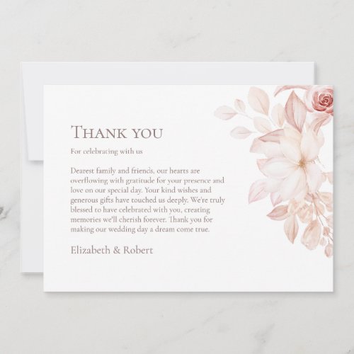 Romantic White and Pink Roses Wedding Thank You Card