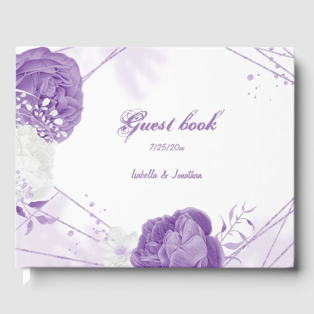 Romantic white and purple flowers wedding guest book (Front)