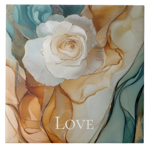 Romantic White Aqua Gold Floral Love Ceramic Tile