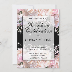 Romantic white & black lace hydrangeas pink roses invitation