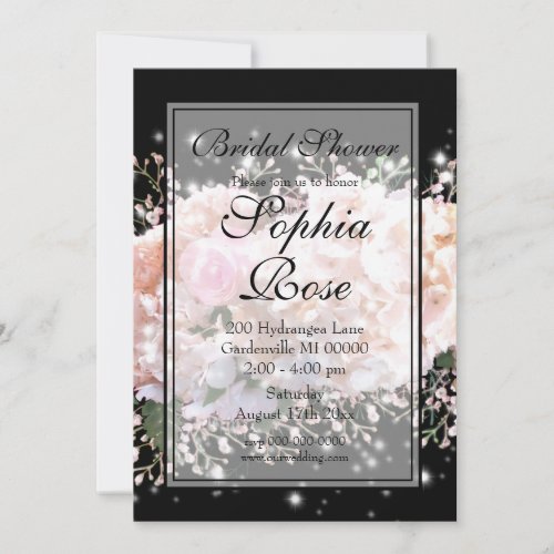 Romantic white  black lace hydrangeas pink roses invitation