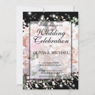 Romantic white & black lace hydrangeas pink roses invitation