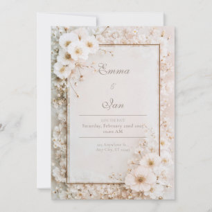 Romantic White Blossom Gold Frame Spring Wedding Invitation