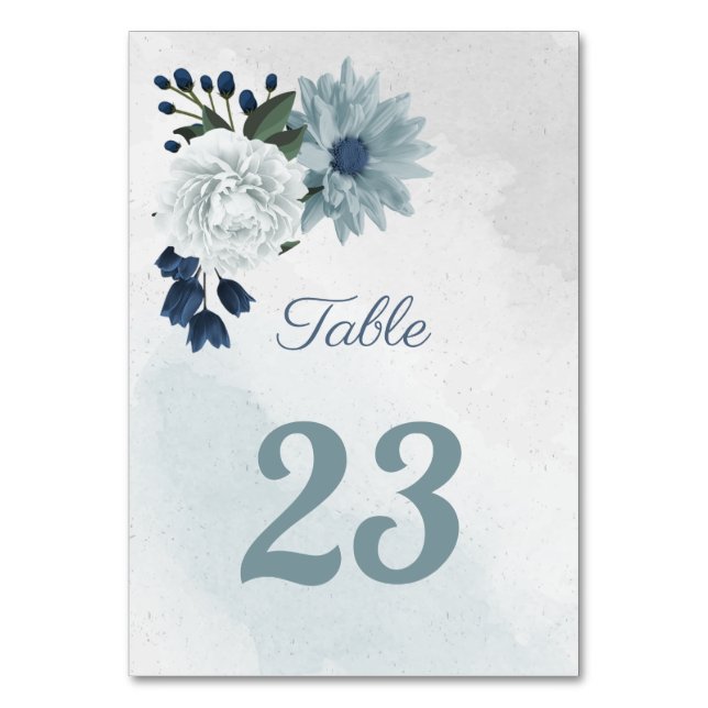 romantic white & blue floral greenery table number (Front)
