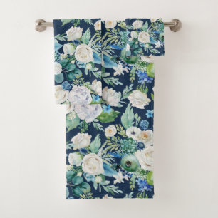 Romantic White & Blue Floral Pattern Bath Towel Set