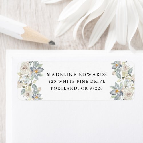 Romantic White  Blue Watercolor Floral Address Label