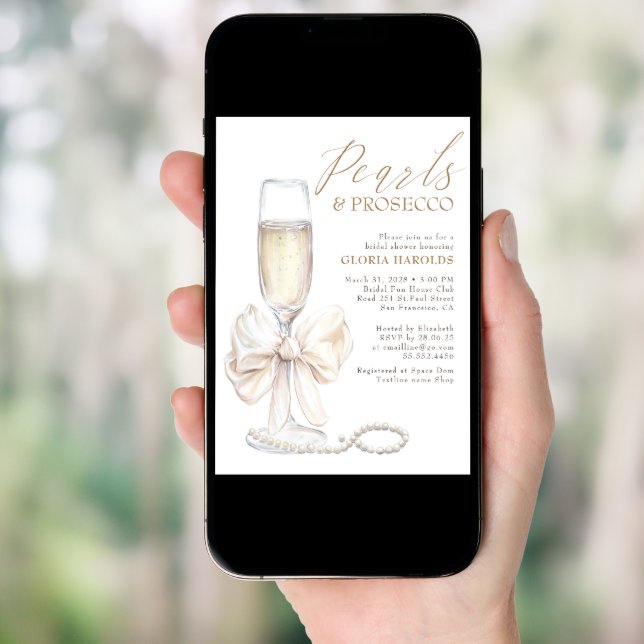 Romantic White Bow Pearls & Prosecco Bridal Shower Invitation (Front Digital)