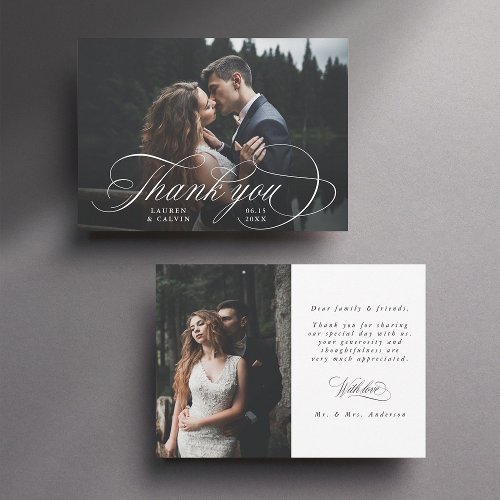 Romantic White Calligraphy 2 Photo Wedding  Thank You Card