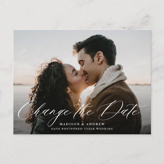 Romantic White Calligraphy Photo Change the Date Announcement Postcard (Front)