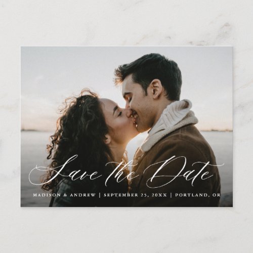 Romantic White Calligraphy Photo Save the Date Announcement Postcard