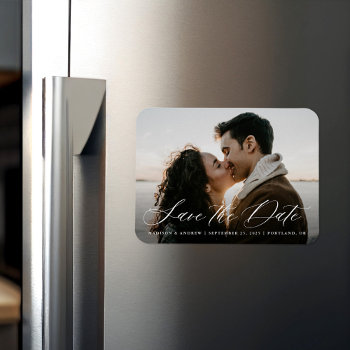Romantic White Calligraphy Photo Save The Date Magnet by latebloom at Zazzle